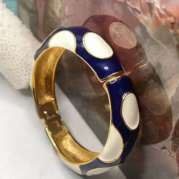 Blue White Enamel Gold Hinged Bangle Kenneth Jay Lane - Picture 3 of 14